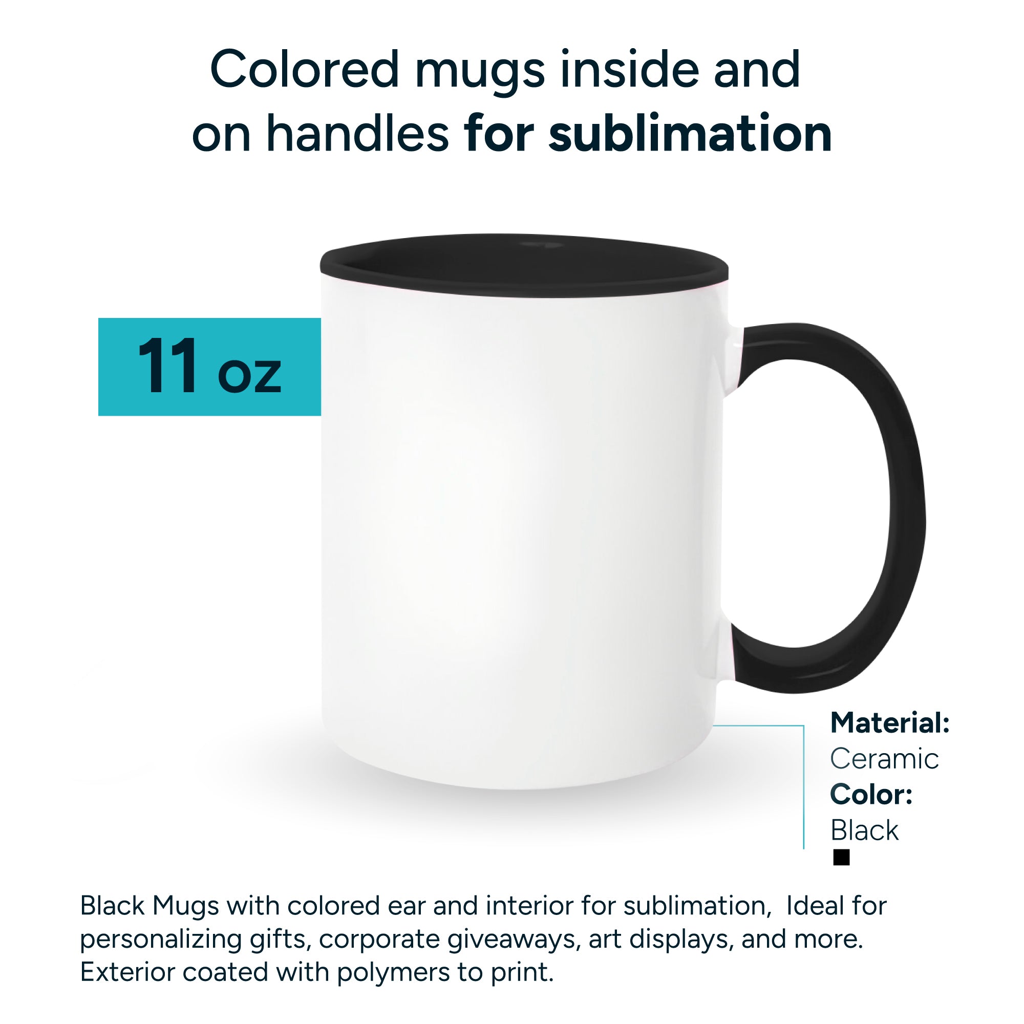 Black mugs inside and on handles for sublimation 11 oz