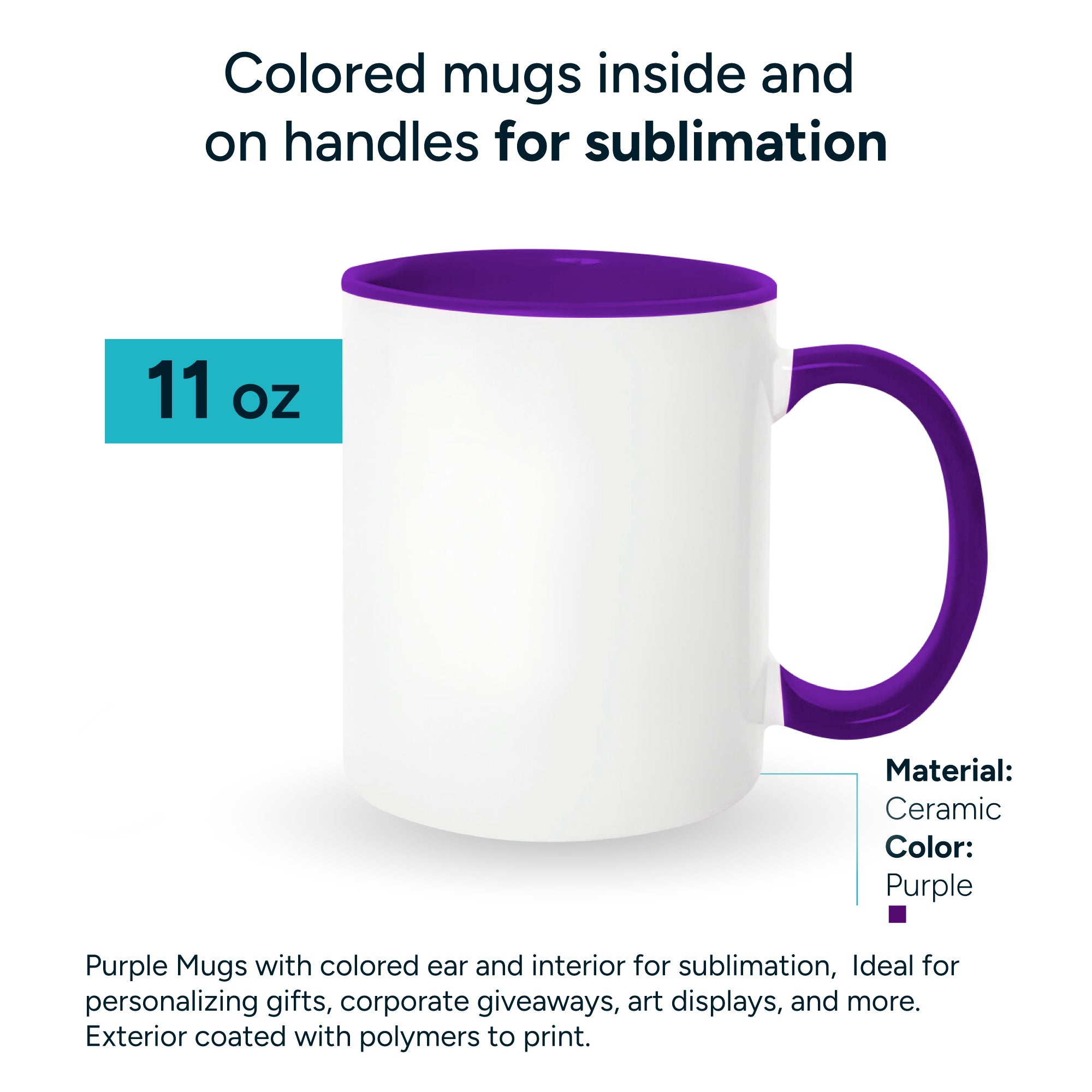 Purple mugs inside and on handles for sublimation 11 oz