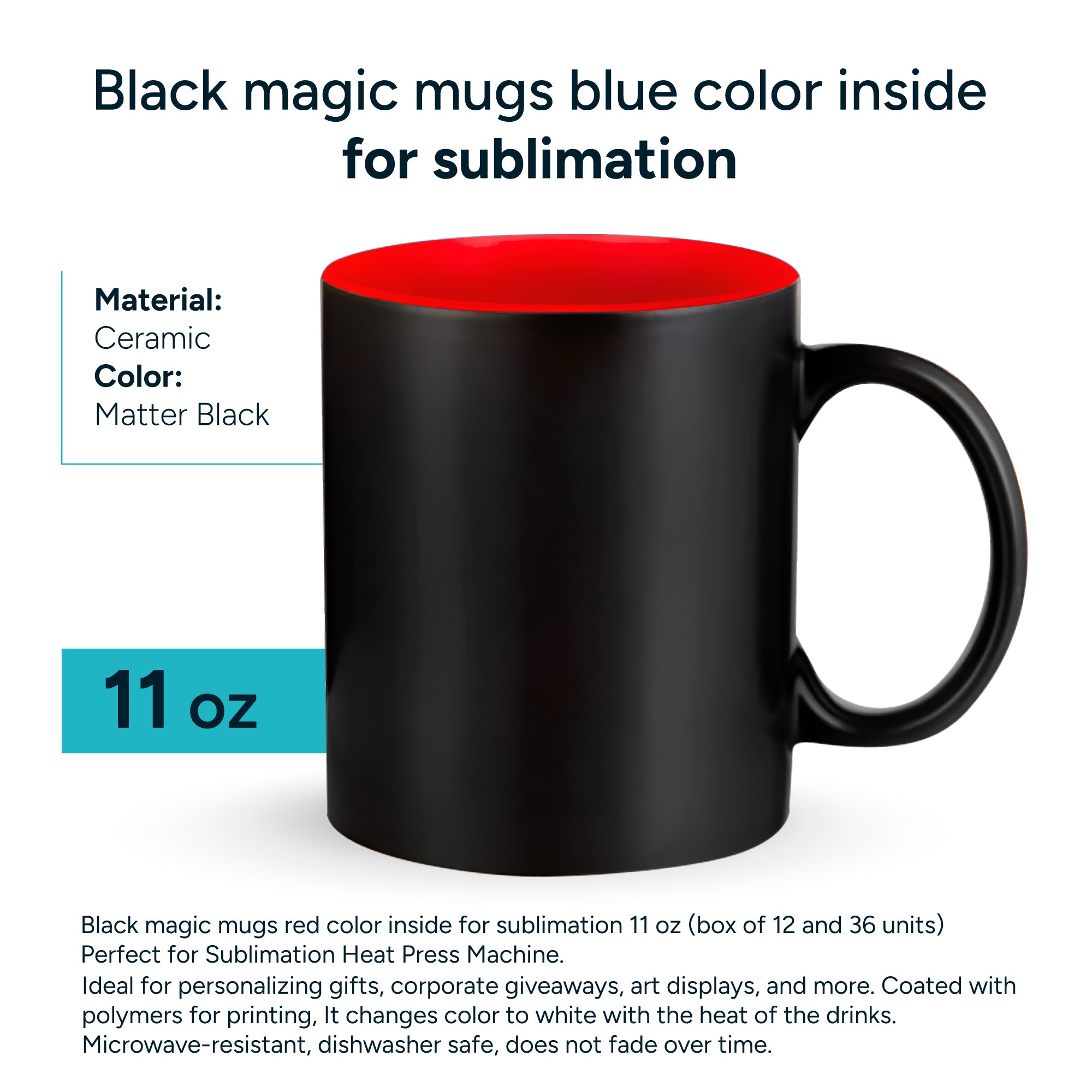 Black magic mugs red-color inside for sublimation 11 oz
