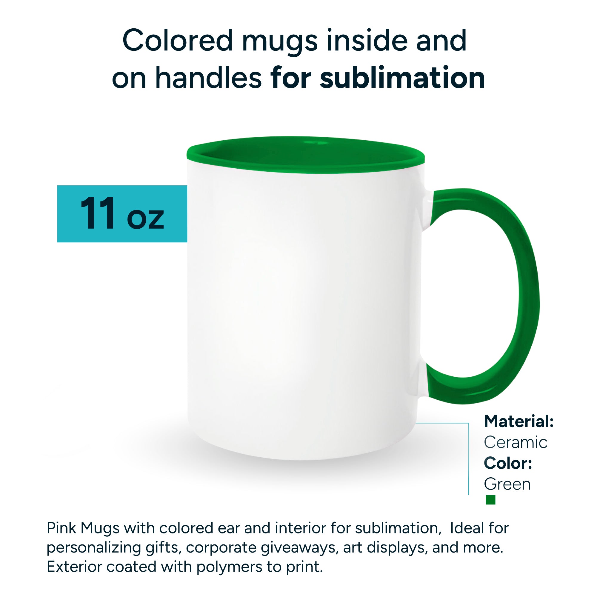 Dark green mugs inside and on handles for sublimation 11 oz