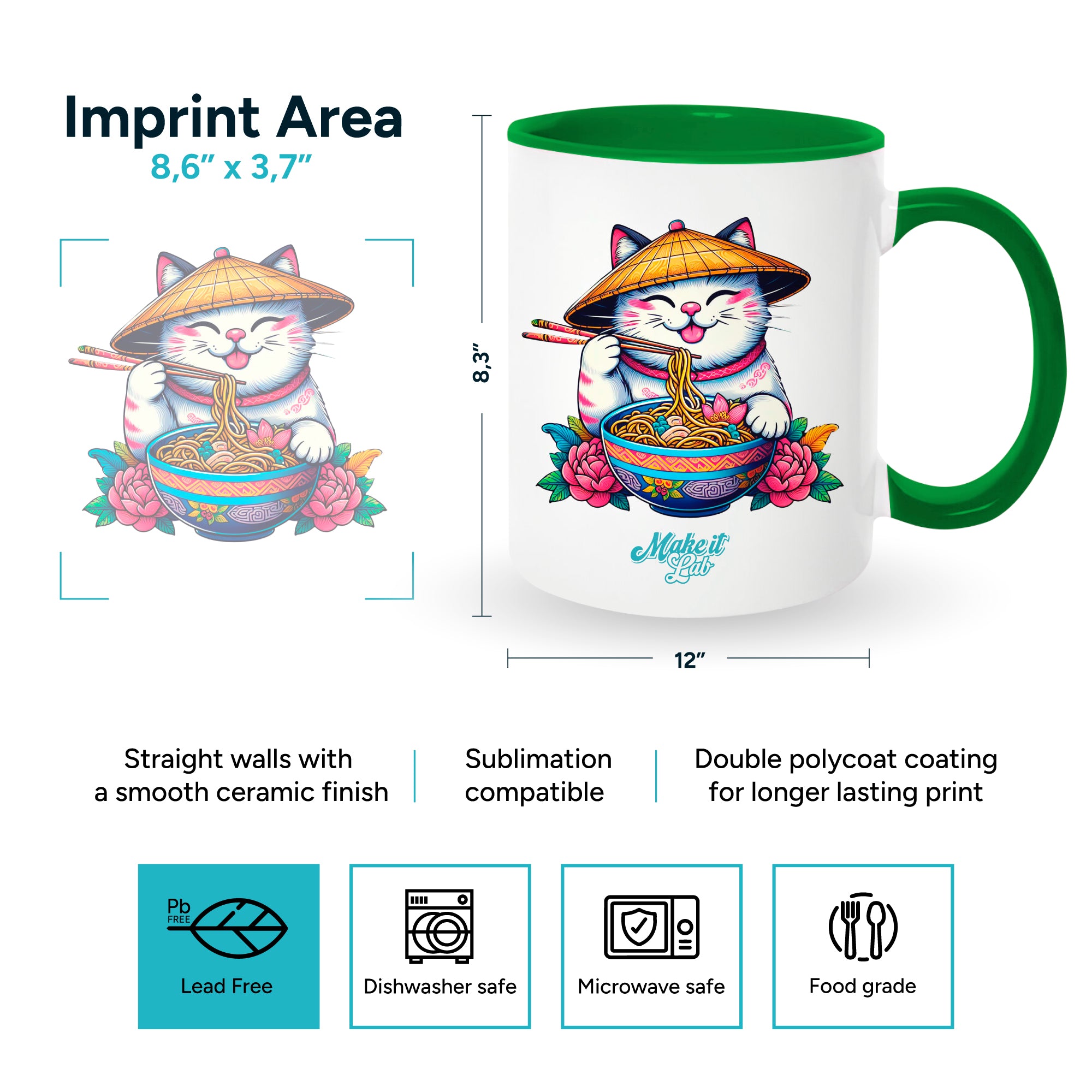 Dark green mugs inside and on handles for sublimation 11 oz