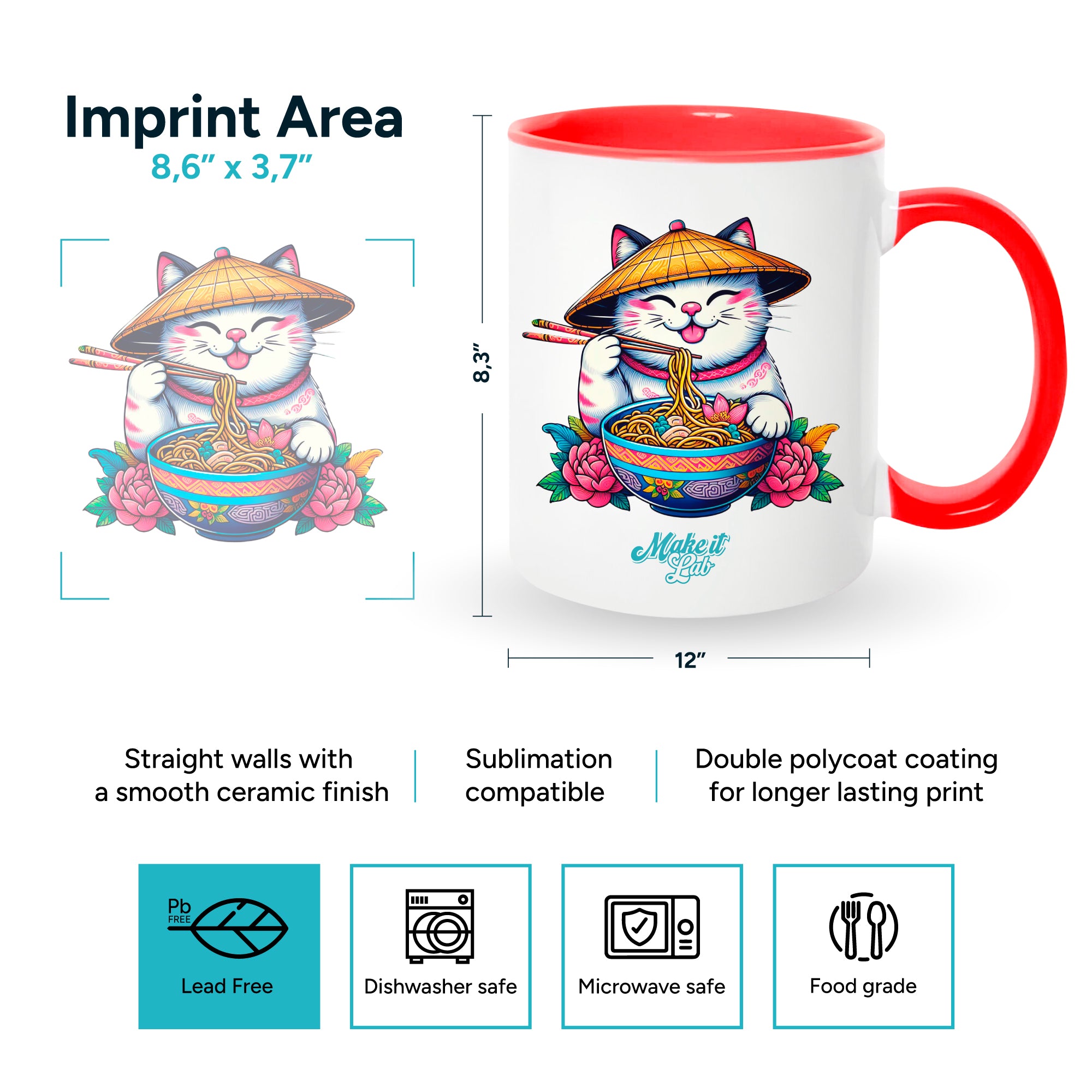 Red mugs inside and on handles for sublimation 11 oz