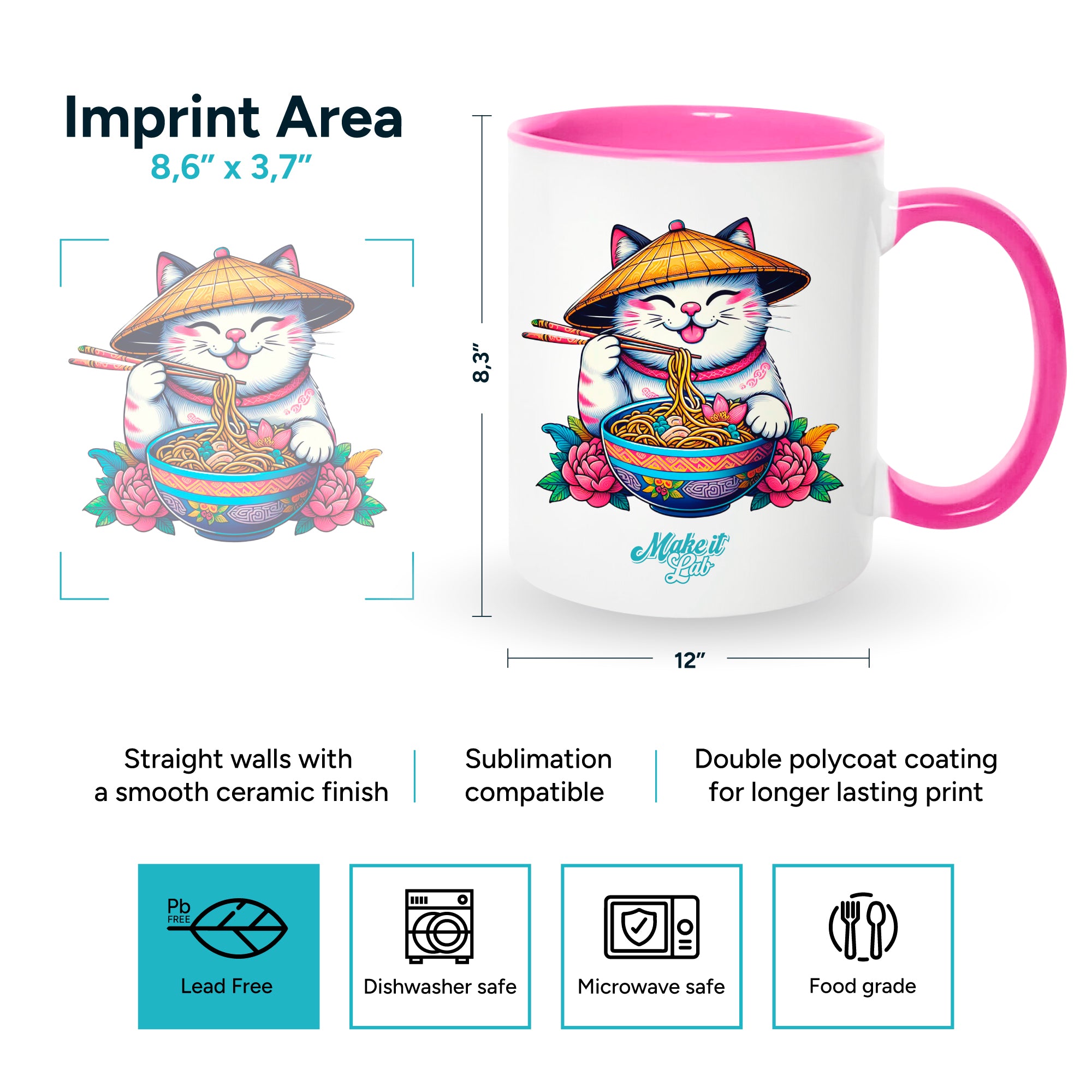 Pink mugs inside and on handles for sublimation 11 oz