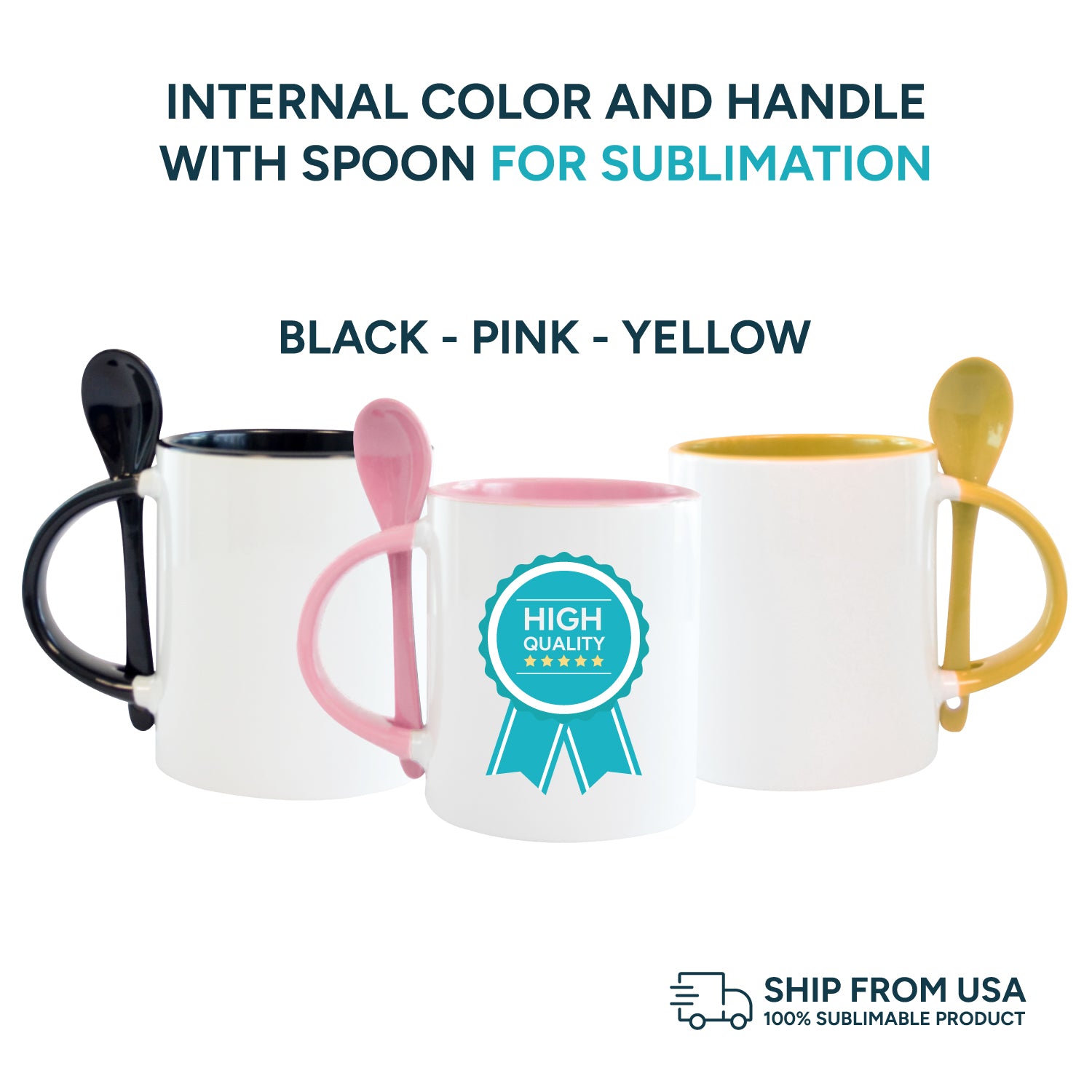 Mugs inside and colored spoon for sublimation 11 oz (Black - Yellow - Red - Pink)